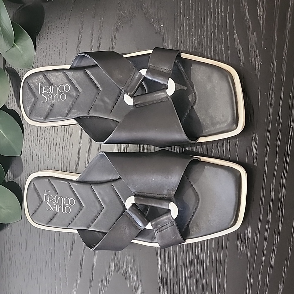 FRANCO SARTO Molana Leather Sandals 7.5 Slides Minimalist Buckle Square Toe - Picture 5 of 15